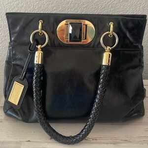 Badgley Mischka Turnlock Leather Braided Handles Gold Hardware Shoulder Bag
